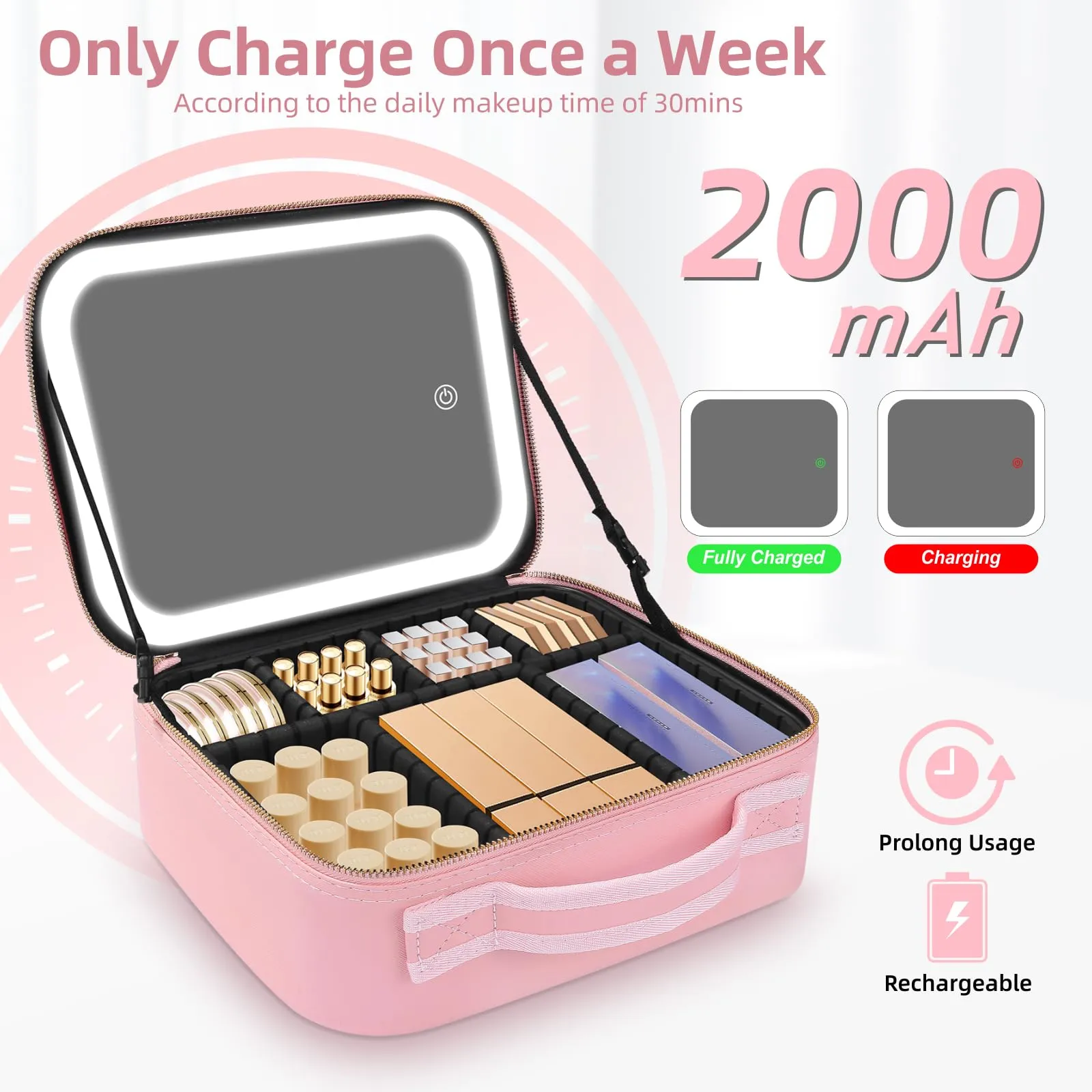 RRtide Makeup Bag with Mirror of LED Lighted, Travel Makeup Train Case Cosmetic Bag Organizer with Mirror and Lights, Make up Bag with Light up Mirror Adjustable Divider Brush Board