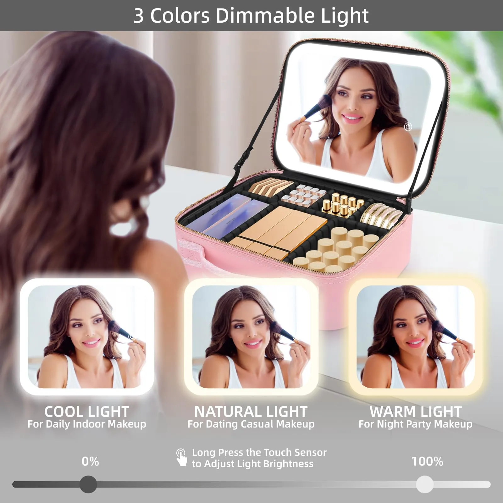 RRtide Makeup Bag with Mirror of LED Lighted, Travel Makeup Train Case Cosmetic Bag Organizer with Mirror and Lights, Make up Bag with Light up Mirror Adjustable Divider Brush Board