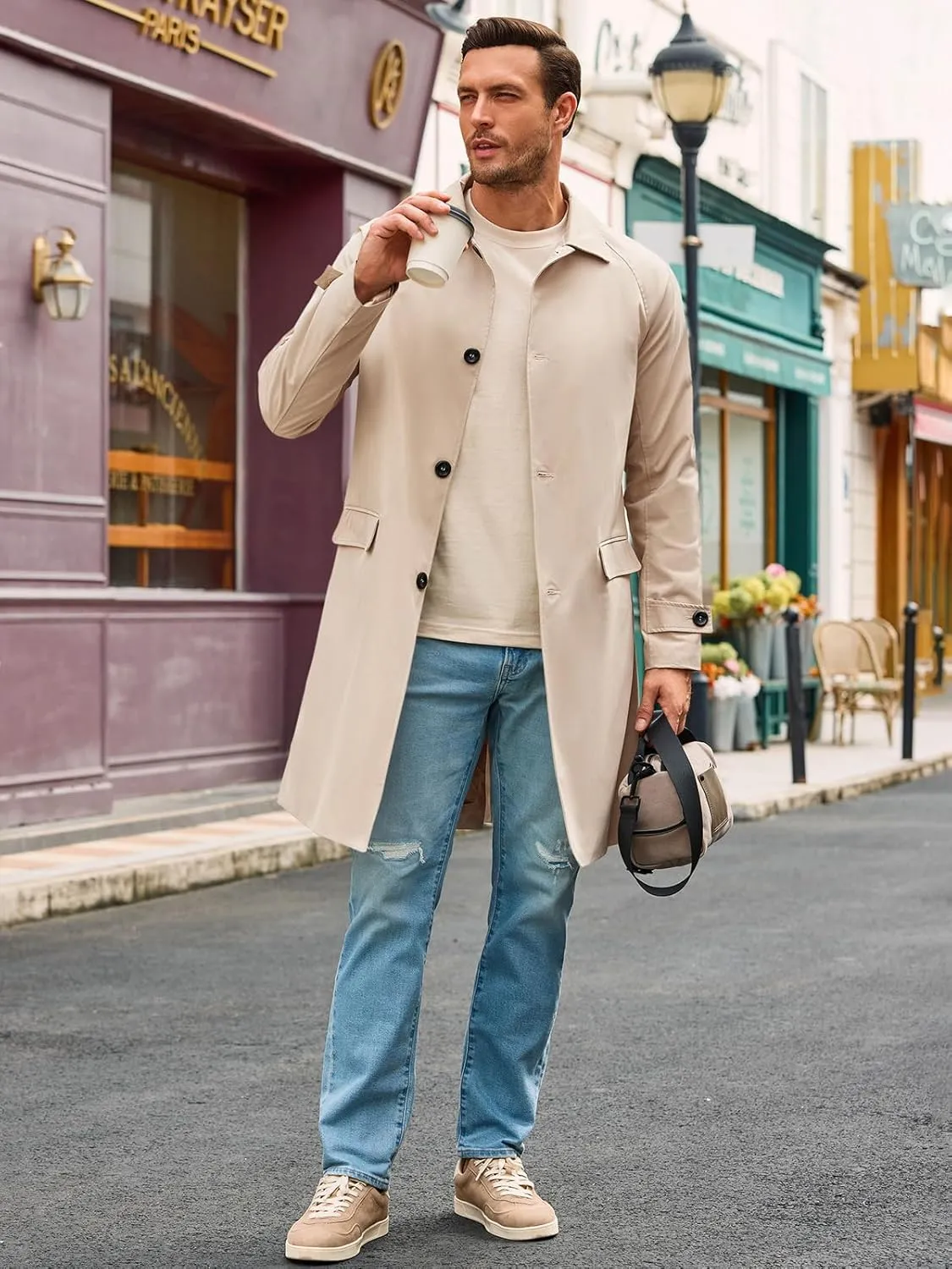 Runcati Mens Trench Coat Slim Fit Single Breasted Long Windbreaker Jacket Classic Lapel Casual Overcoat