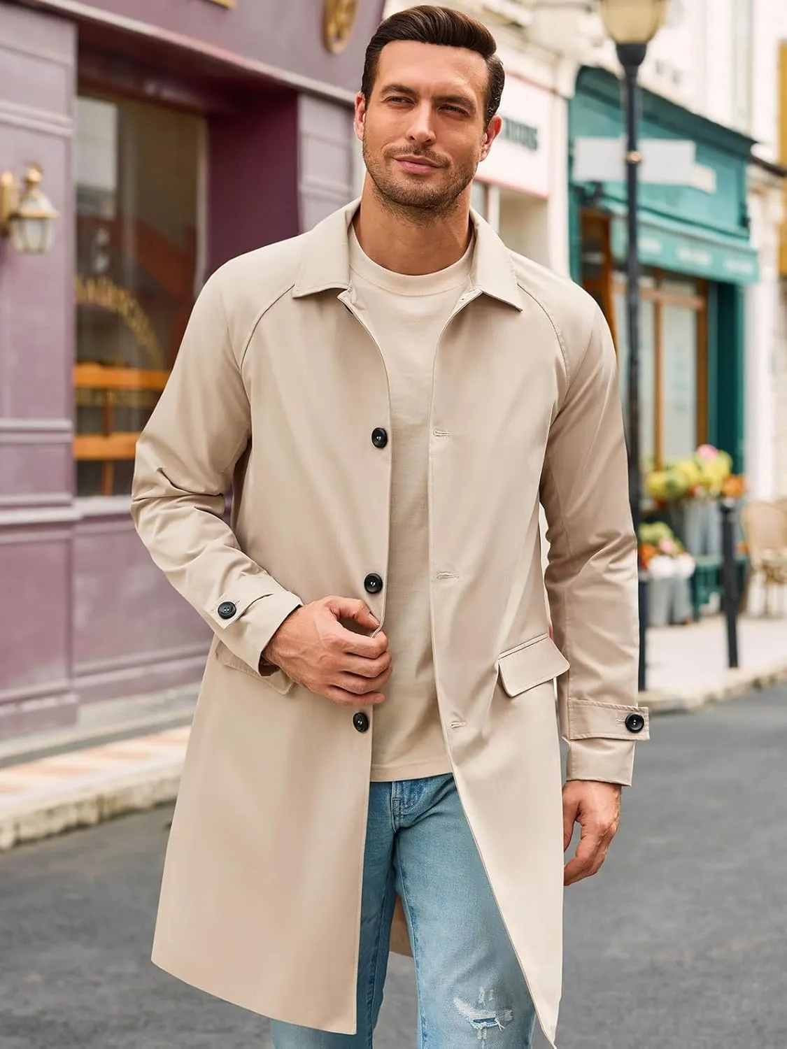 Runcati Mens Trench Coat Slim Fit Single Breasted Long Windbreaker Jacket Classic Lapel Casual Overcoat