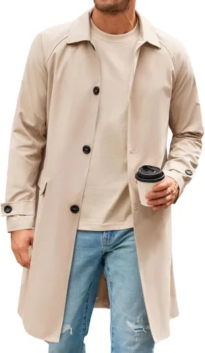 Runcati Mens Trench Coat Slim Fit Single Breasted Long Windbreaker Jacket Classic Lapel Casual Overcoat