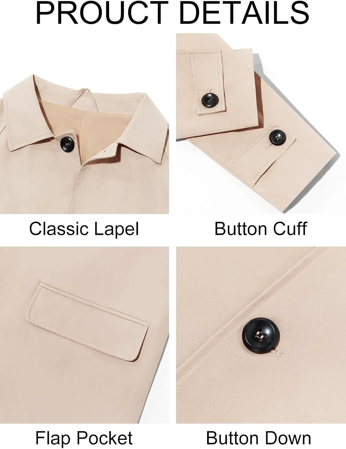 Runcati Mens Trench Coat Slim Fit Single Breasted Long Windbreaker Jacket Classic Lapel Casual Overcoat