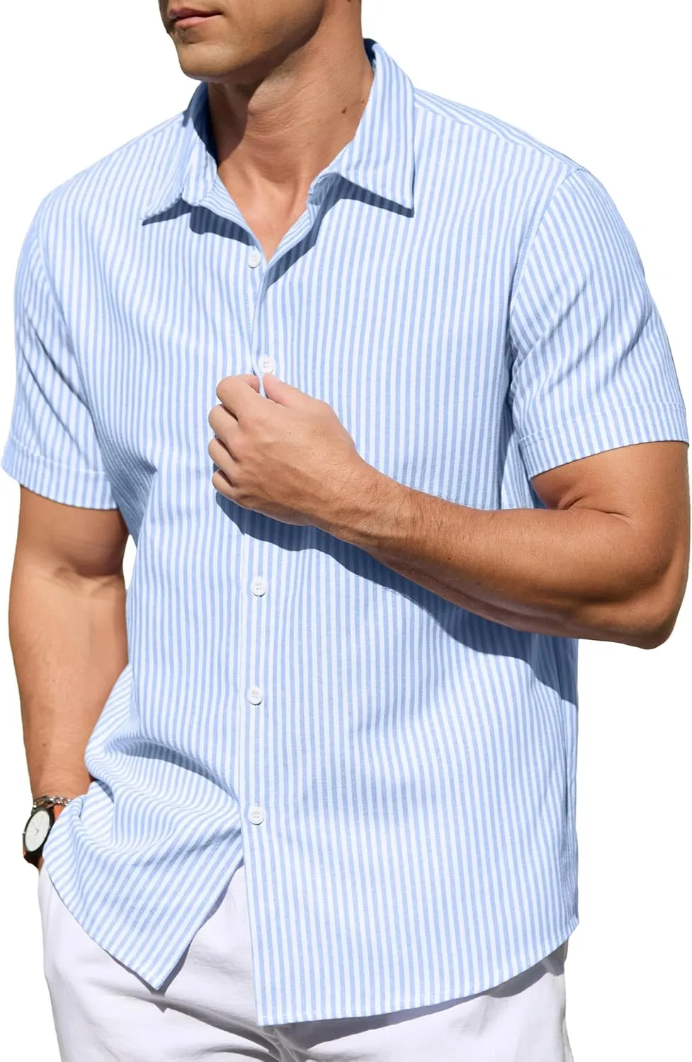 Sailwind Men's Casual Button Down Shirts Short Sleeve Striped Cotton Beach Summer Vacation Shirt
