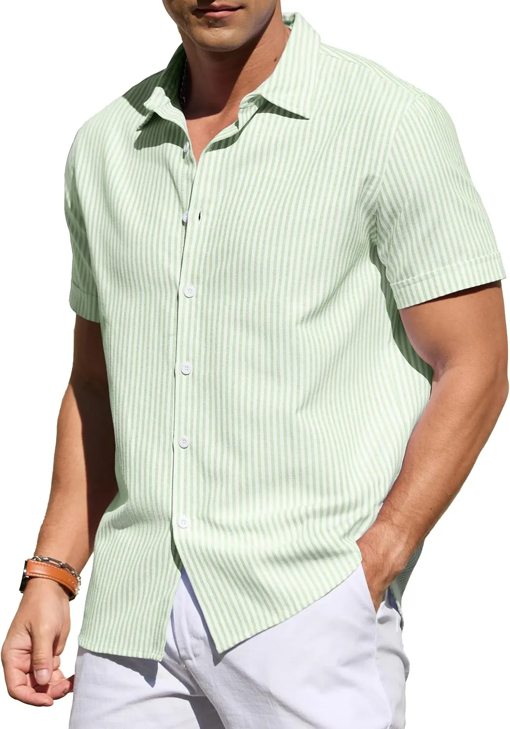 Sailwind Men's Casual Button Down Shirts Short Sleeve Striped Cotton Beach Summer Vacation Shirt