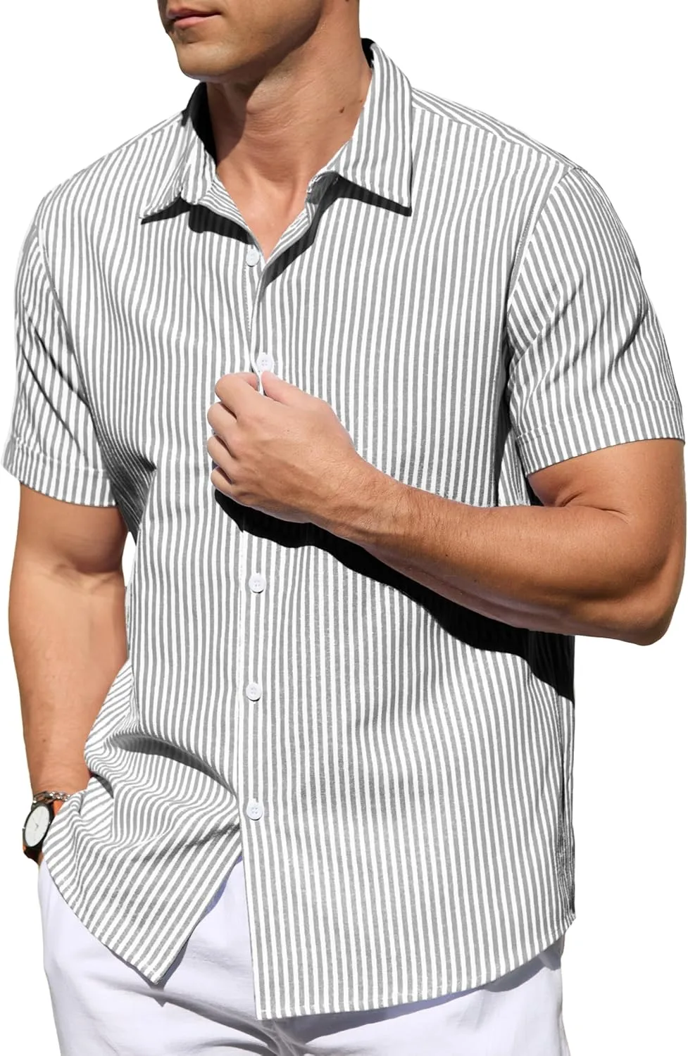 Sailwind Men's Casual Button Down Shirts Short Sleeve Striped Cotton Beach Summer Vacation Shirt