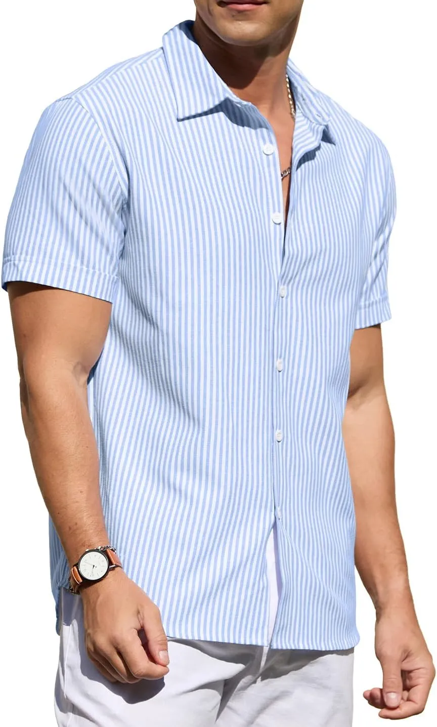 Sailwind Men's Casual Button Down Shirts Short Sleeve Striped Cotton Beach Summer Vacation Shirt