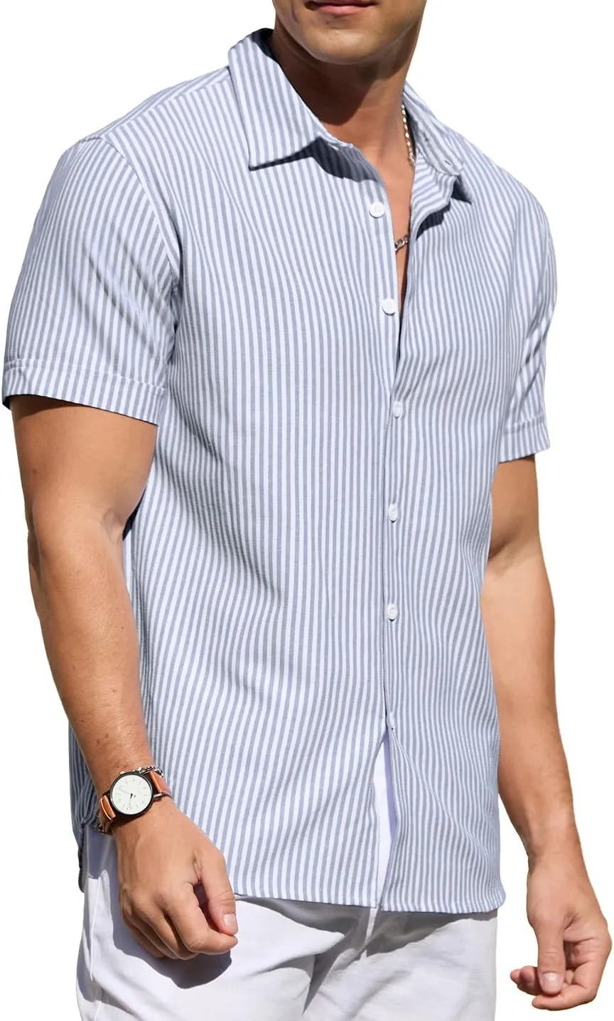 Sailwind Men's Casual Button Down Shirts Short Sleeve Striped Cotton Beach Summer Vacation Shirt