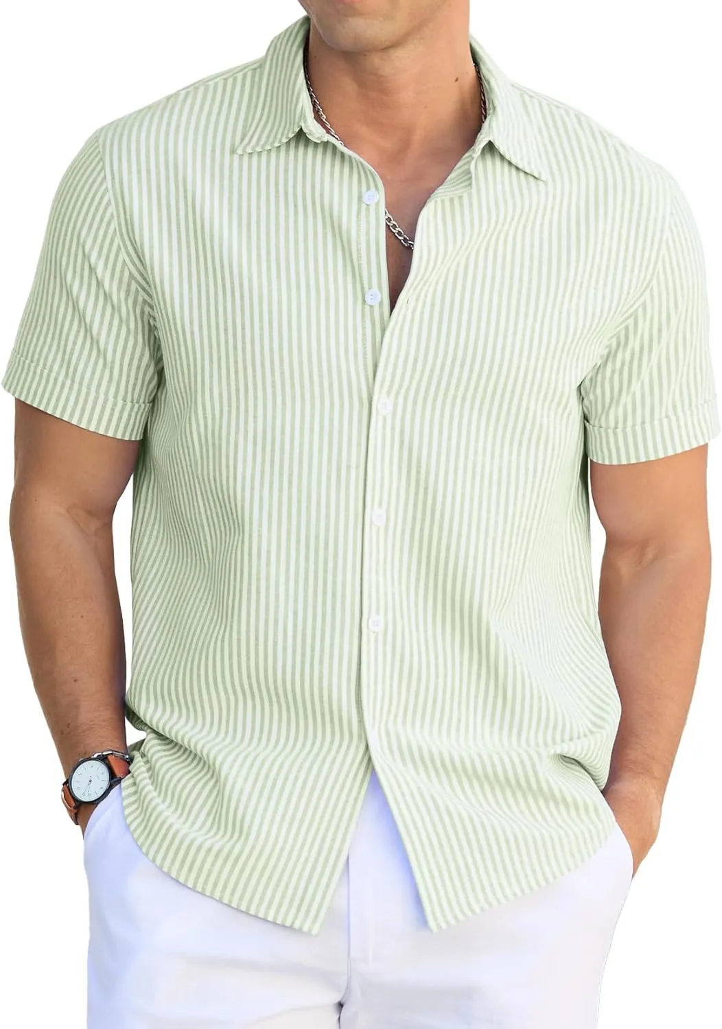 Sailwind Men's Casual Button Down Shirts Short Sleeve Striped Cotton Beach Summer Vacation Shirt