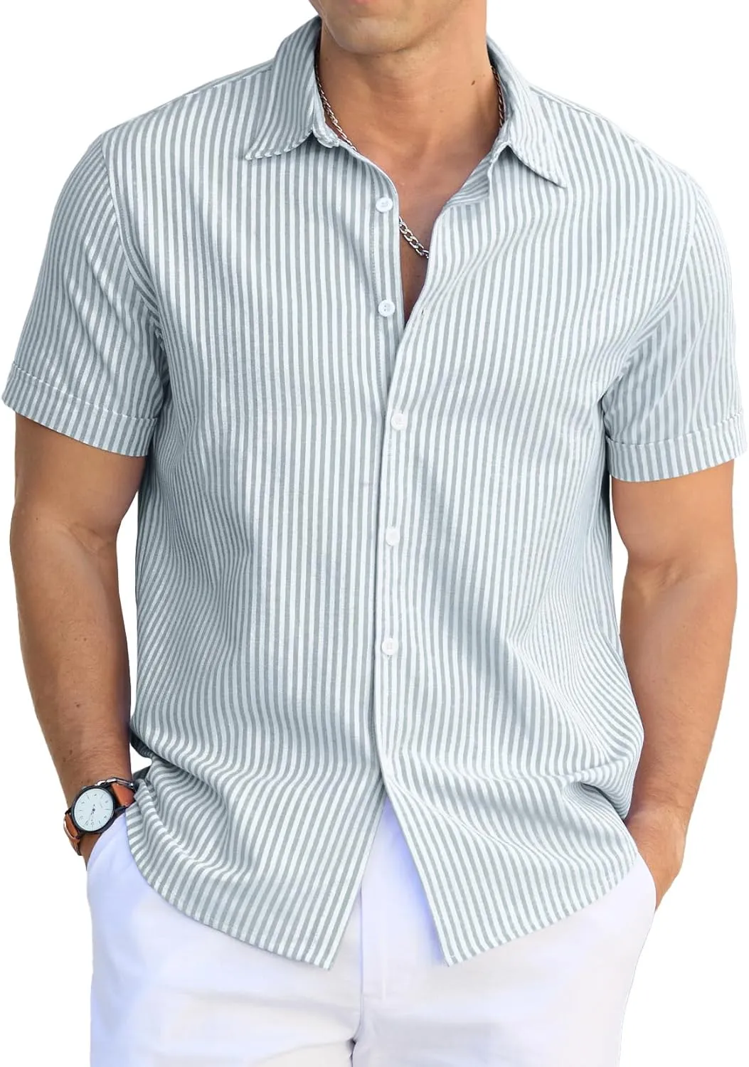 Sailwind Men's Casual Button Down Shirts Short Sleeve Striped Cotton Beach Summer Vacation Shirt