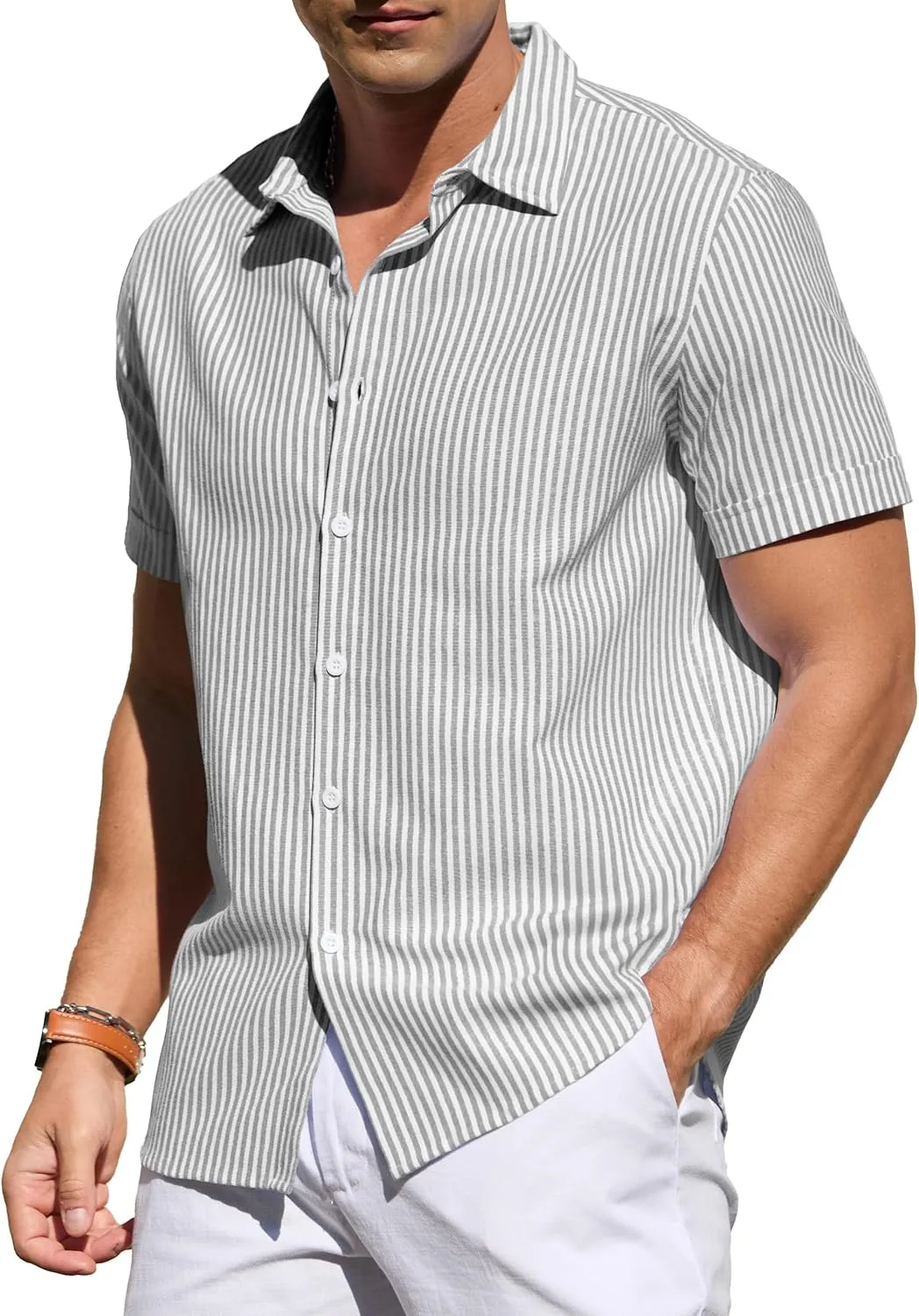Sailwind Men's Casual Button Down Shirts Short Sleeve Striped Cotton Beach Summer Vacation Shirt