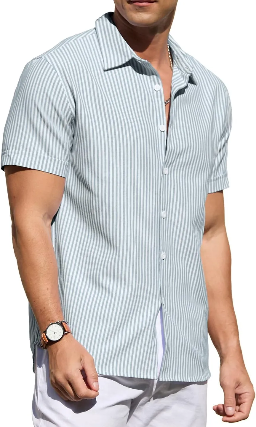Sailwind Men's Casual Button Down Shirts Short Sleeve Striped Cotton Beach Summer Vacation Shirt