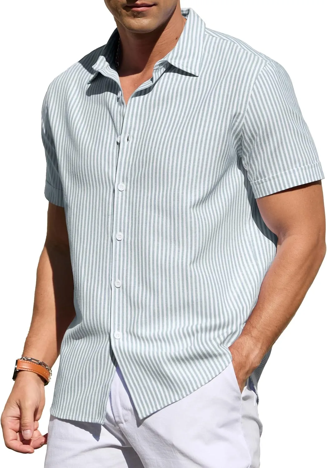 Sailwind Men's Casual Button Down Shirts Short Sleeve Striped Cotton Beach Summer Vacation Shirt