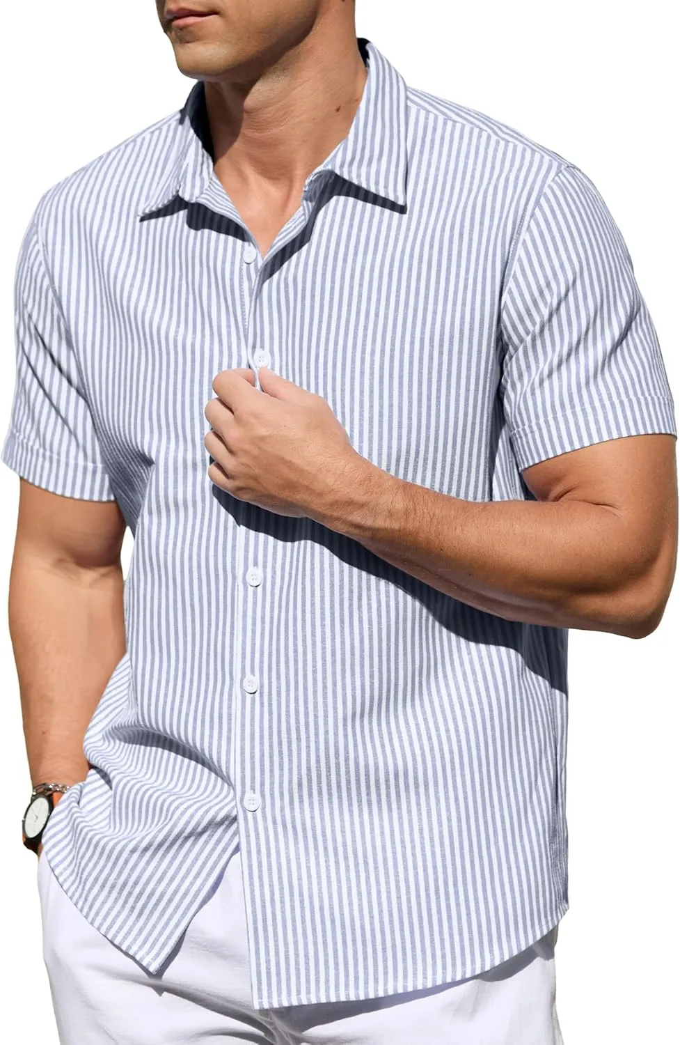 Sailwind Men's Casual Button Down Shirts Short Sleeve Striped Cotton Beach Summer Vacation Shirt