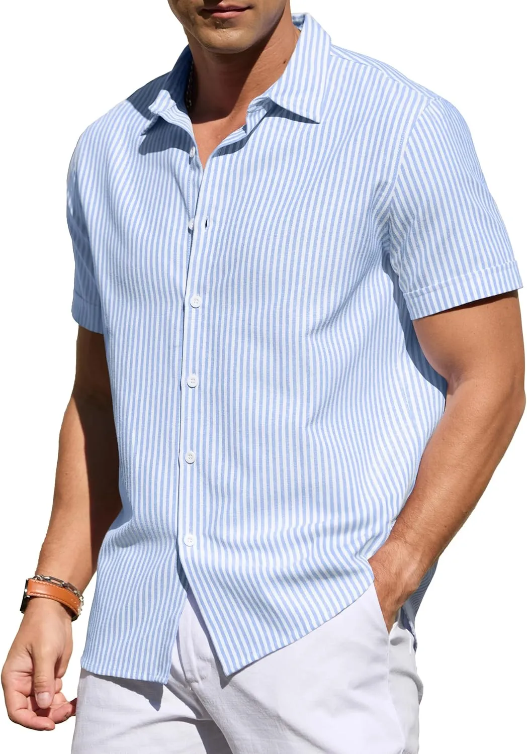 Sailwind Men's Casual Button Down Shirts Short Sleeve Striped Cotton Beach Summer Vacation Shirt