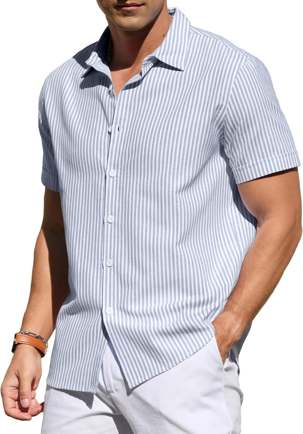 Sailwind Men's Casual Button Down Shirts Short Sleeve Striped Cotton Beach Summer Vacation Shirt