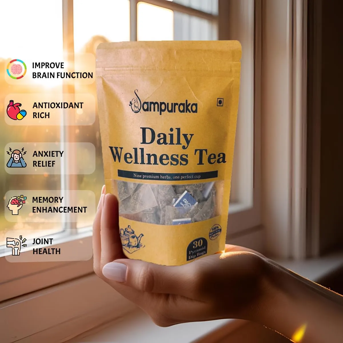 Sampuraka Daily Wellness Tea – Herbal Tea for Immunity & Relaxation Support with Turmeric, Ashwagandha, Ginger | Organic, Caffeine-Free (30 Tea Bags)