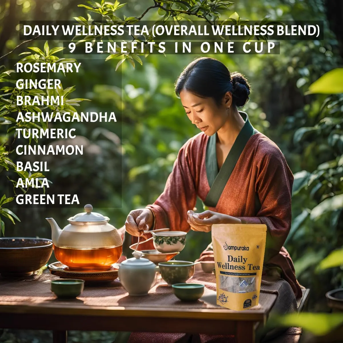 Sampuraka Daily Wellness Tea – Herbal Tea for Immunity & Relaxation Support with Turmeric, Ashwagandha, Ginger | Organic, Caffeine-Free (30 Tea Bags)