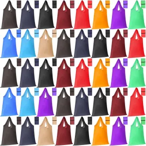 Sanwuta 50 Pack Durable Colorful Folding Reusable Grocery Bags Handles Bulk Reusable Grocery Bags Shopping Foldable Kitchen Large Washable for Pocket Lightweight Polyester with Handles, 11 Colors