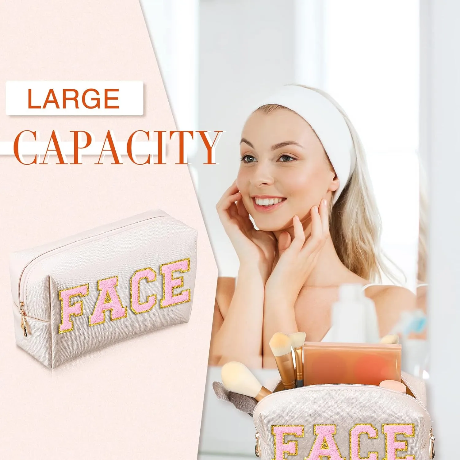Sanwuta 9 Pcs Preppy Makeup Bag PU Leather Cosmetic Bag Makeup Pouch Plain Waterproof Toiletry Organizers for Traveling Preppy Travel Purse(Ivory White)