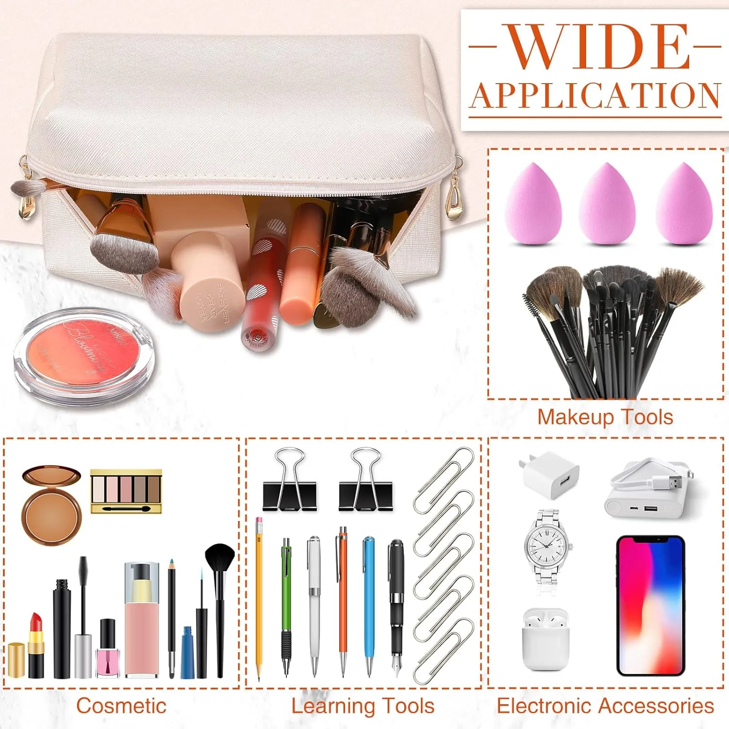 Sanwuta 9 Pcs Preppy Makeup Bag PU Leather Cosmetic Bag Makeup Pouch Plain Waterproof Toiletry Organizers for Traveling Preppy Travel Purse(Ivory White)