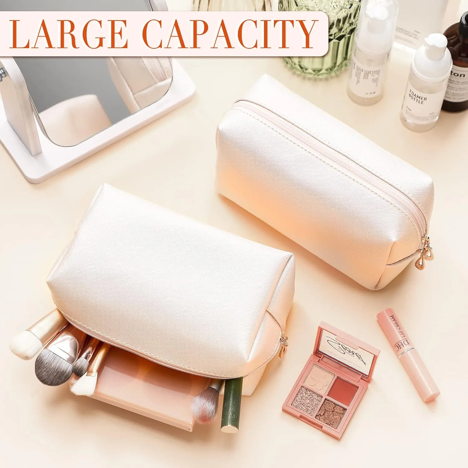 Sanwuta 9 Pcs Preppy Makeup Bag PU Leather Cosmetic Bag Makeup Pouch Plain Waterproof Toiletry Organizers for Traveling Preppy Travel Purse(Ivory White)