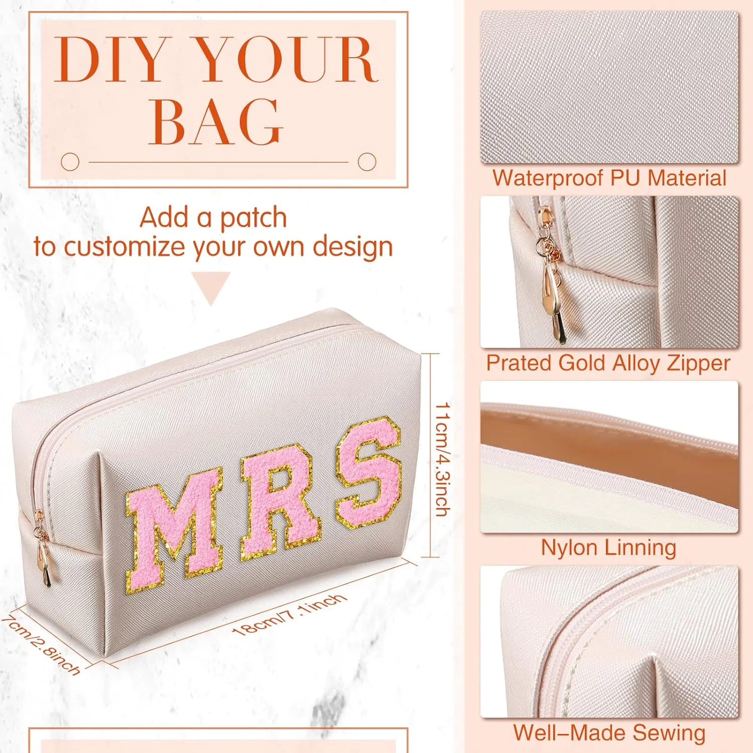 Sanwuta 9 Pcs Preppy Makeup Bag PU Leather Cosmetic Bag Makeup Pouch Plain Waterproof Toiletry Organizers for Traveling Preppy Travel Purse(Ivory White)