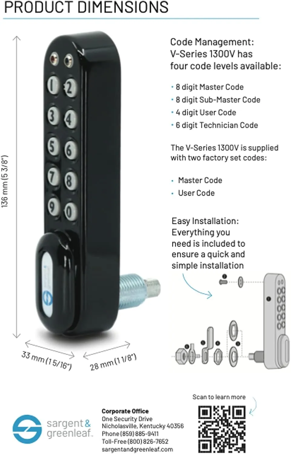 Sargent & Greenleaf 1300V Electronic Digital Keypad Mechanical Code Lock for Medical Carts, Cabinet, Drawers, and Lockers, Battery Included (Black, Right)