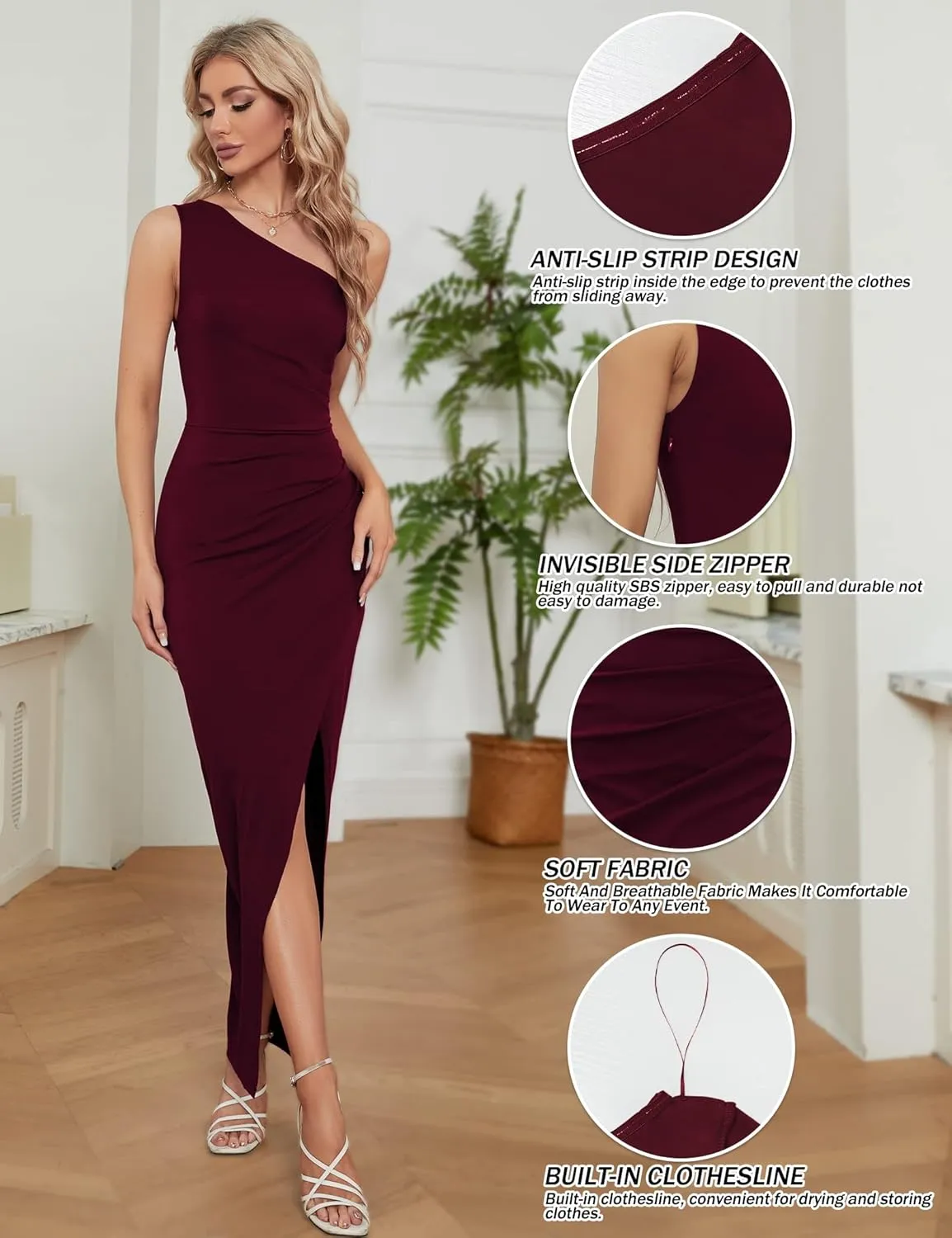 Sarin Mathews Womens One Shoulder Long Formal Dress Sexy Summer Sleeveless Bodycon Ruched Wrap Split Cocktail Dresses