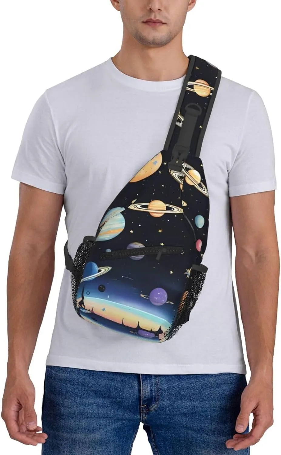 Saturn Jupiter Earth Print Men's Cross Chest Bag Diagonally, Cute Crossbody Shoulder Backpack, 7.5" L x 3.5" W x 15.3" H