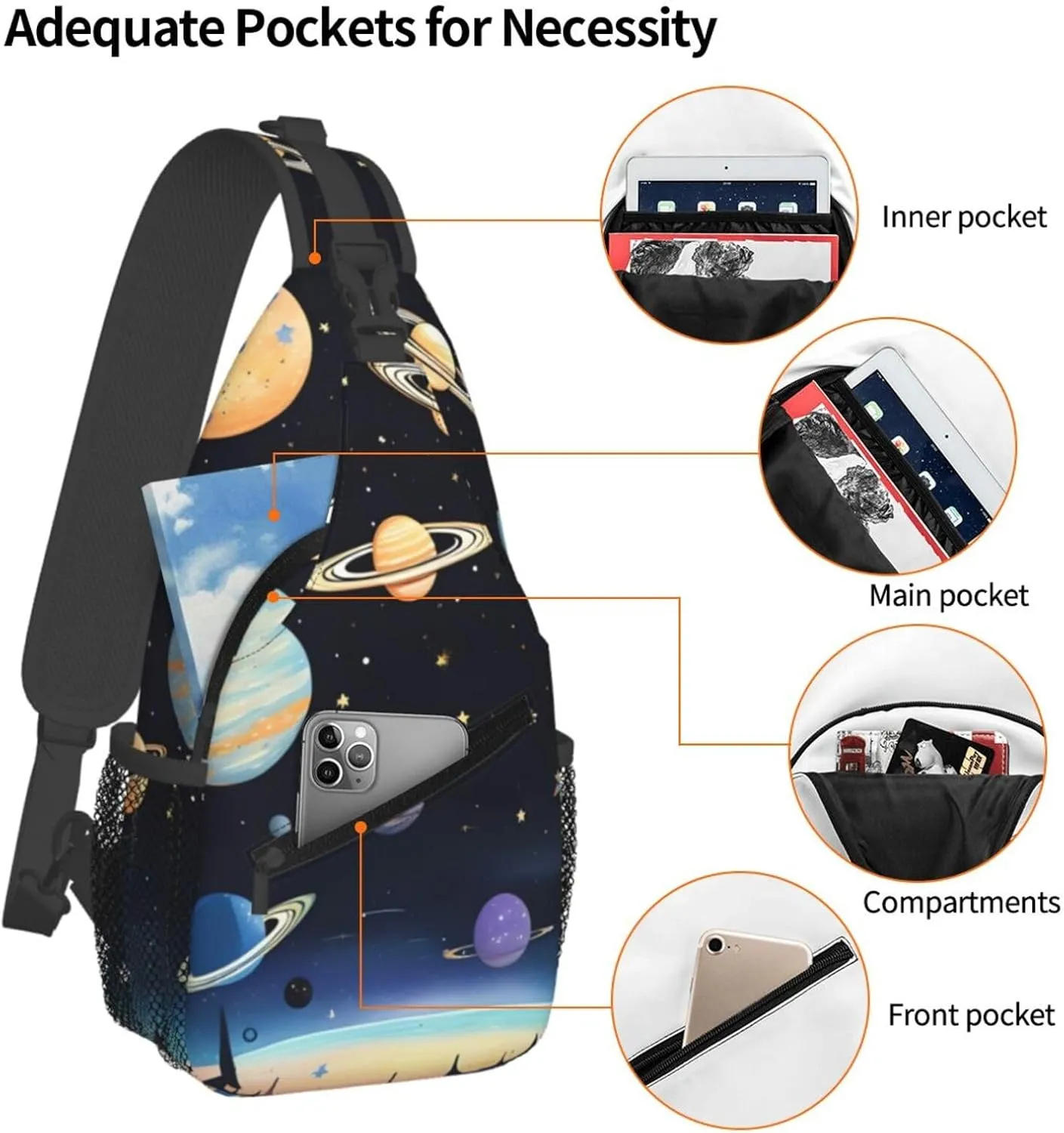 Saturn Jupiter Earth Print Men's Cross Chest Bag Diagonally, Cute Crossbody Shoulder Backpack, 7.5" L x 3.5" W x 15.3" H