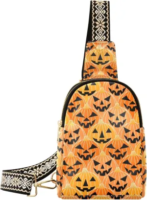 Scary Halloween Carved Pumpkins Sling Bag for Women, Leather Crossbody Bag Purses for Women Anti Theft Sling Bag Fanny Packs