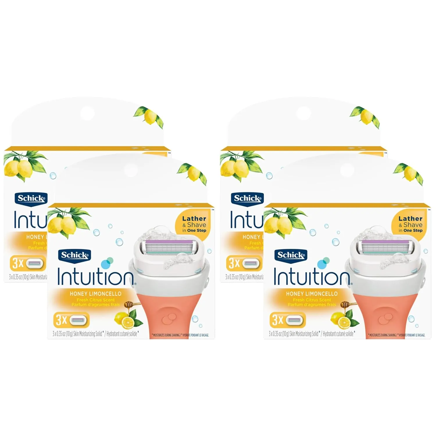 Schick Intuition - Lather & Shave In One Stop - Honey Limoncello, Fresh Citrus Scent - Women's Razor Blade Refills - 3 Ct Pack of 4 = 12 Cartridges, Vary