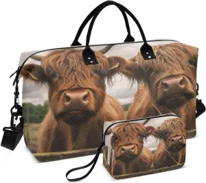 Scottish Highland Cattle Cows Travel Duffel Bag, Shoulder Weekender Overnight Bags - Large Gym Bag with Wet Pocket