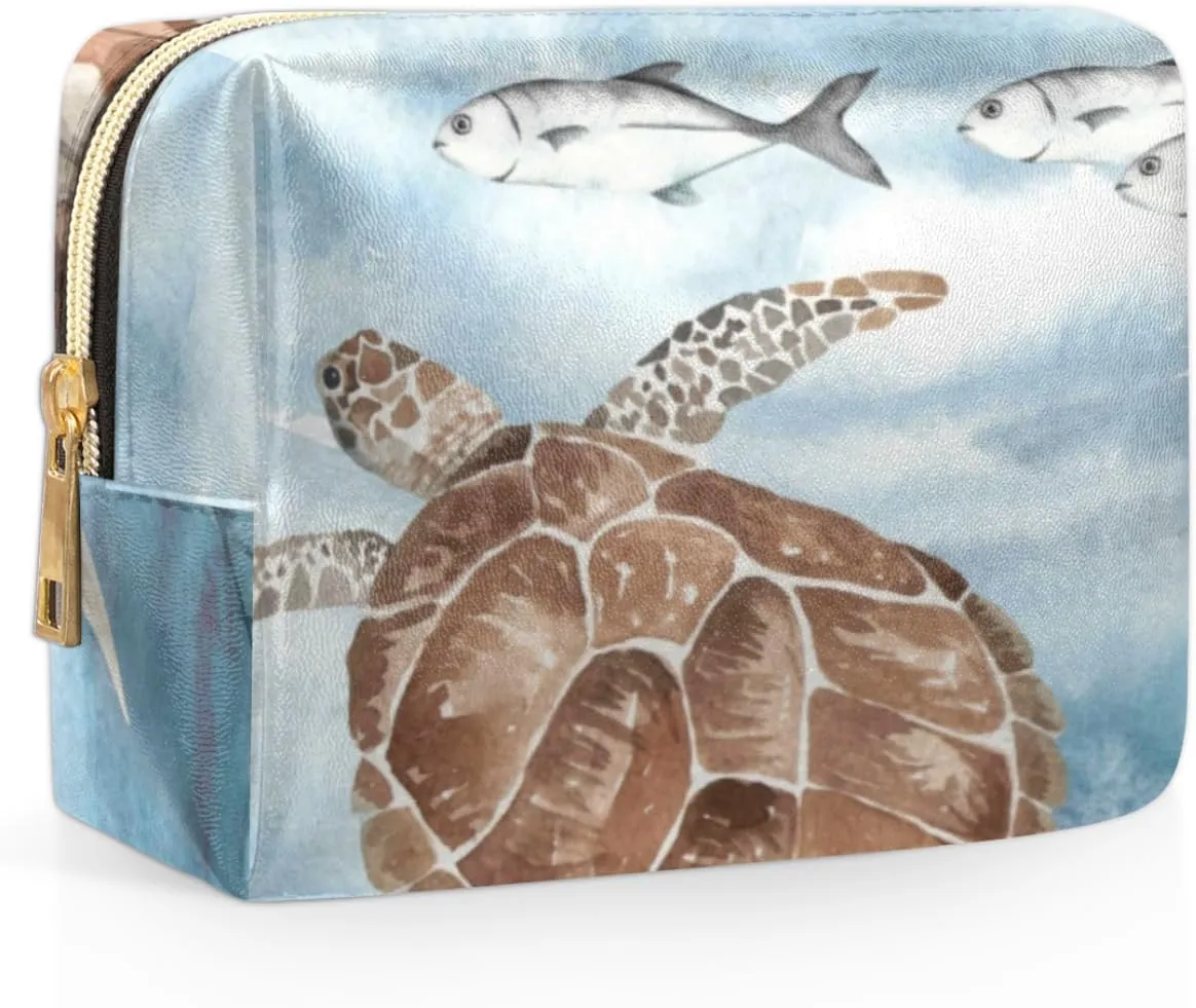 Sea Turtle Algae Fish Starfish Travel Makeup Bag Cosmetic Bags for Women Durable Portable Leather Waterproof Small Makeup Bag with 4 Pock for Christmas Birthday Gifts