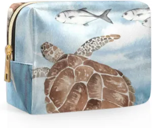 Sea Turtle Algae Fish Starfish Travel Makeup Bag Cosmetic Bags for Women Durable Portable Leather Waterproof Small Makeup Bag with 4 Pock for Christmas Birthday Gifts
