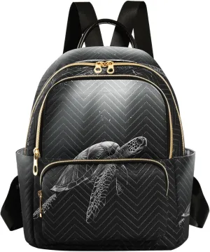 Sea Turtle Black Pattern Women Mini Backpack Purse Ladies Casual Shoulder Bag Daypack for School Work Travel Small