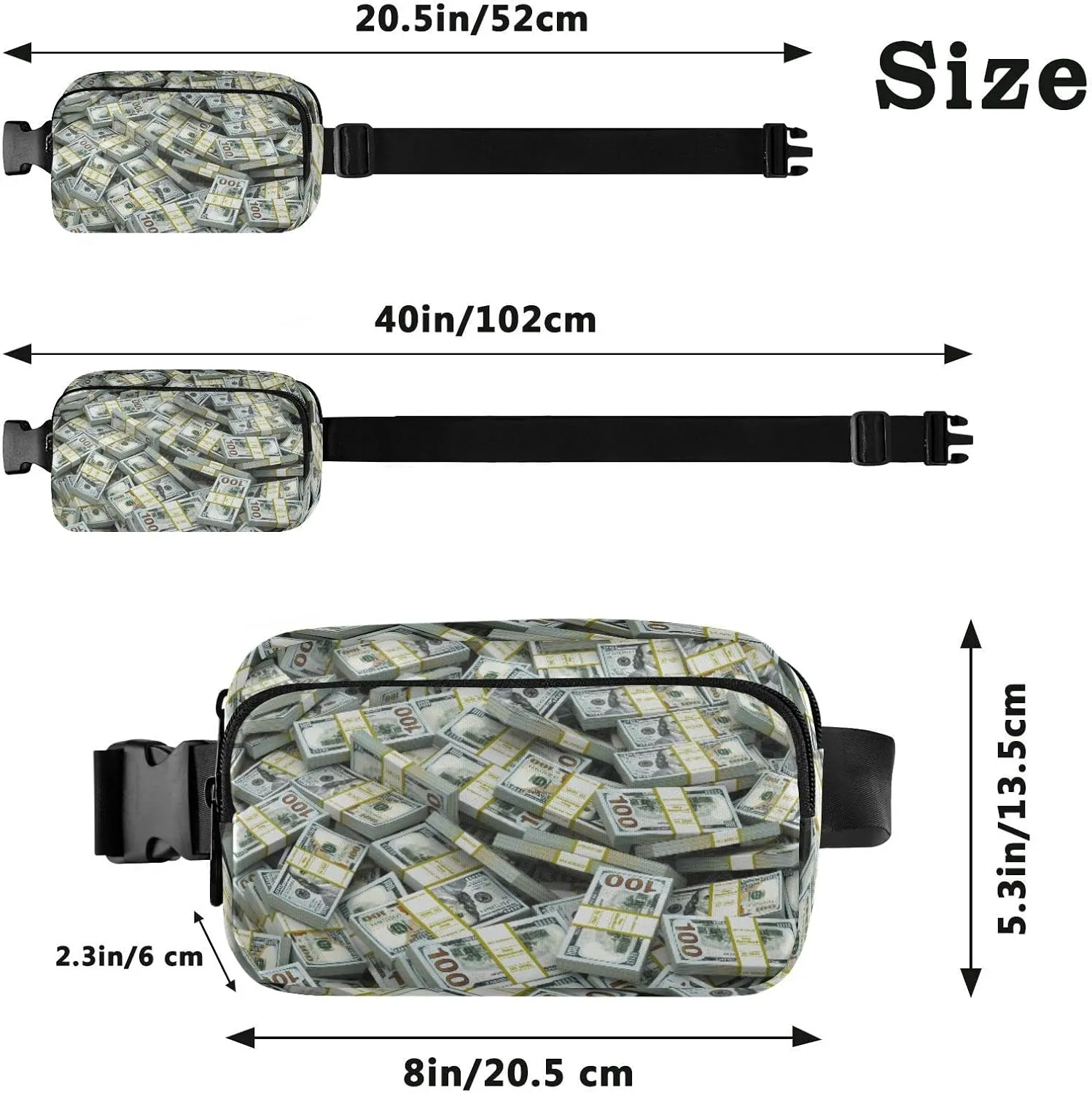 Seamless Packs of Dollars Lots of Cash Money Texture Adjustable Belt Running Bag, Crossbody Fanny Pack Waist Runners Bag Tote for Women Men Sports Hiking Fitness Exercise Gym Pouch