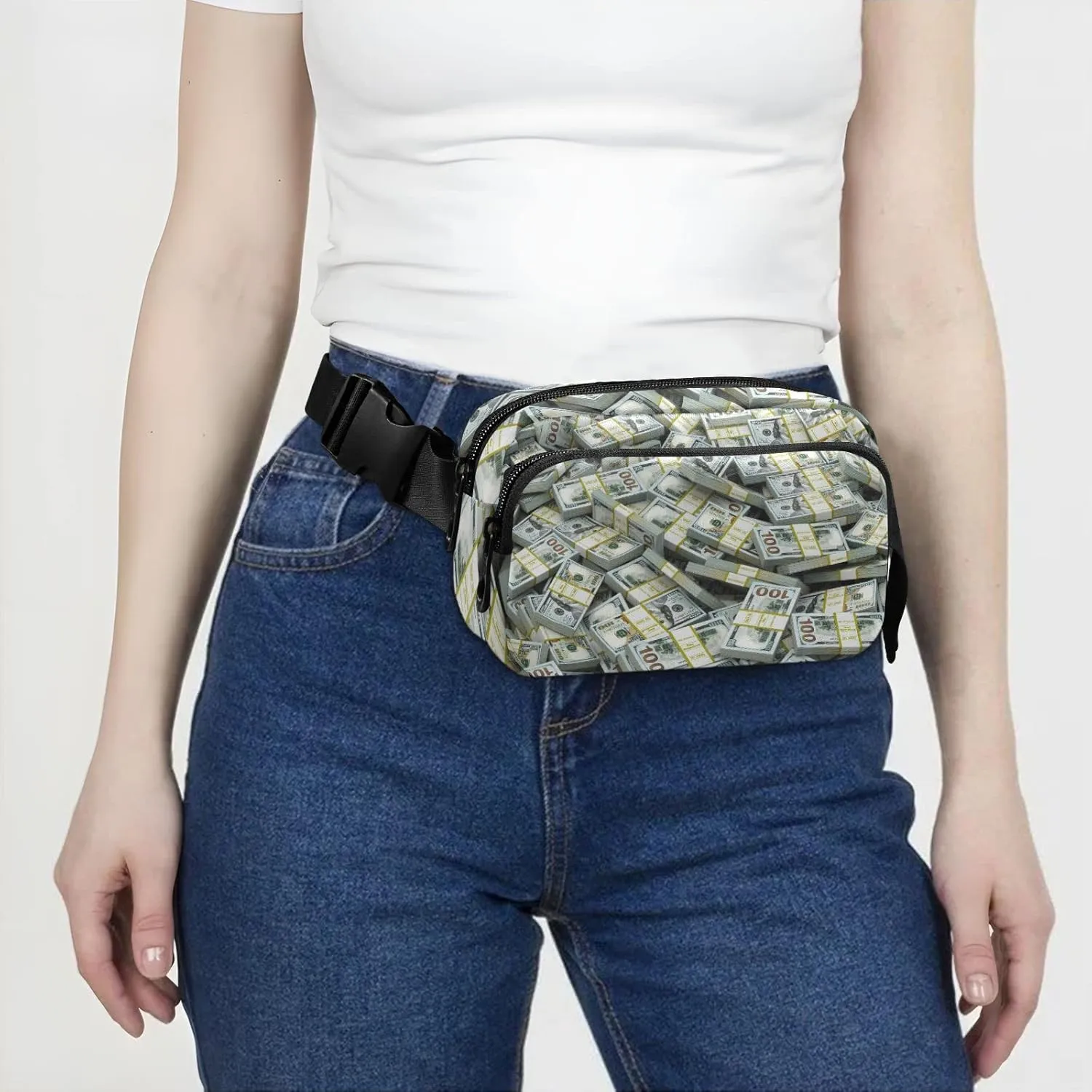 Seamless Packs of Dollars Lots of Cash Money Texture Adjustable Belt Running Bag, Crossbody Fanny Pack Waist Runners Bag Tote for Women Men Sports Hiking Fitness Exercise Gym Pouch