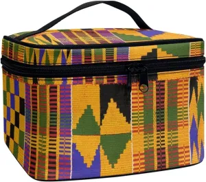 SEANATIVE African Kente Print Makeup Bag Large Capacity Travel Cosmetic Case Organizer Multifunctional Open Flat Toiletry Bag with Handle for Women, Ethnic Style