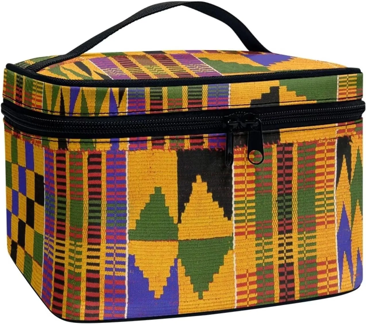SEANATIVE African Kente Print Makeup Bag Large Capacity Travel Cosmetic Case Organizer Multifunctional Open Flat Toiletry Bag with Handle for Women, Ethnic Style