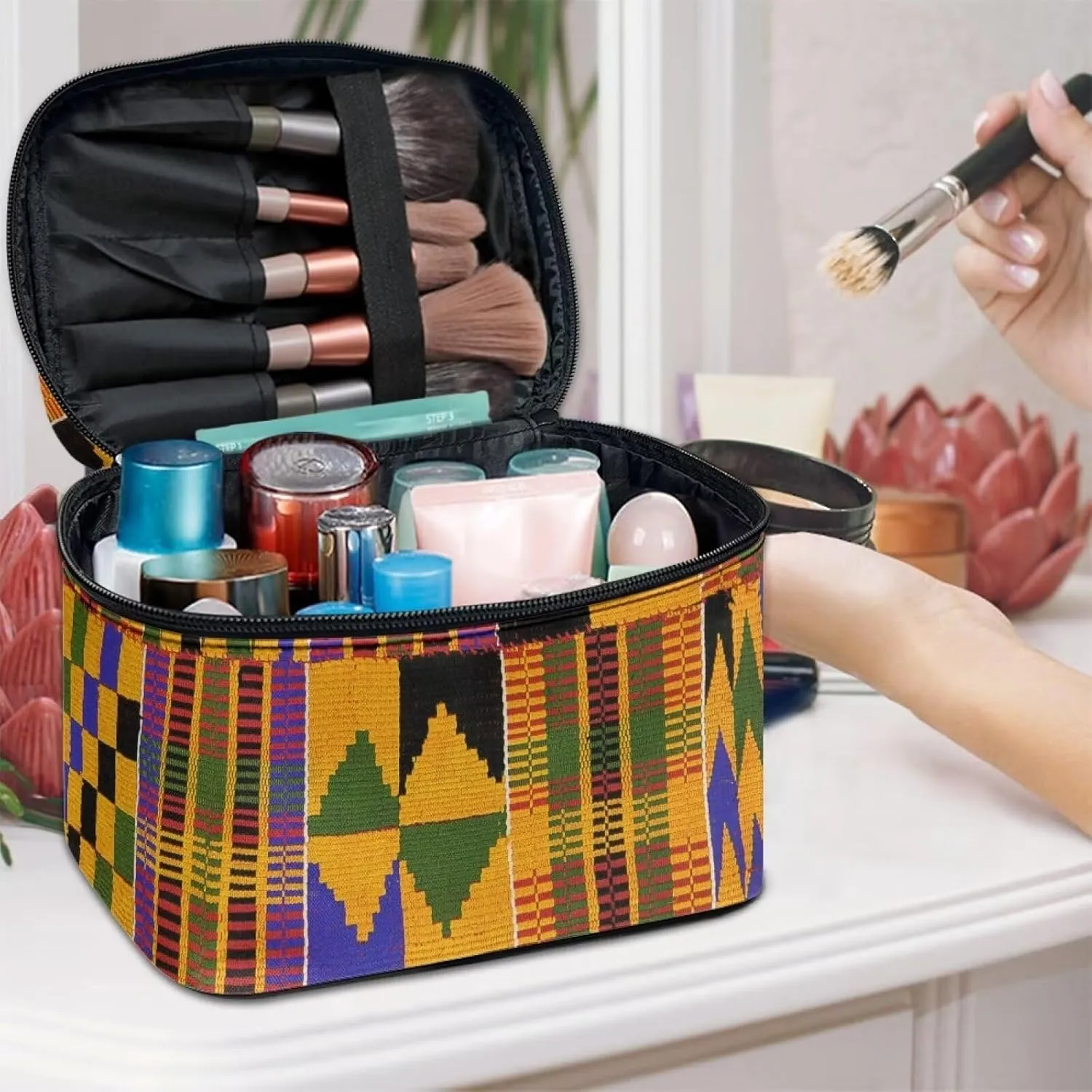 SEANATIVE African Kente Print Makeup Bag Large Capacity Travel Cosmetic Case Organizer Multifunctional Open Flat Toiletry Bag with Handle for Women, Ethnic Style