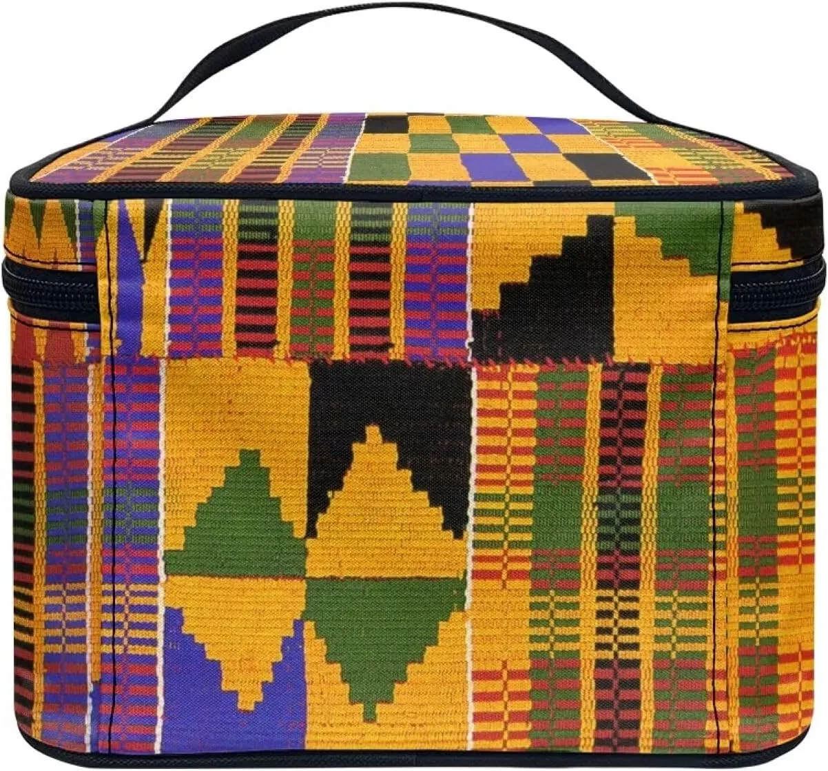 SEANATIVE African Kente Print Makeup Bag Large Capacity Travel Cosmetic Case Organizer Multifunctional Open Flat Toiletry Bag with Handle for Women, Ethnic Style
