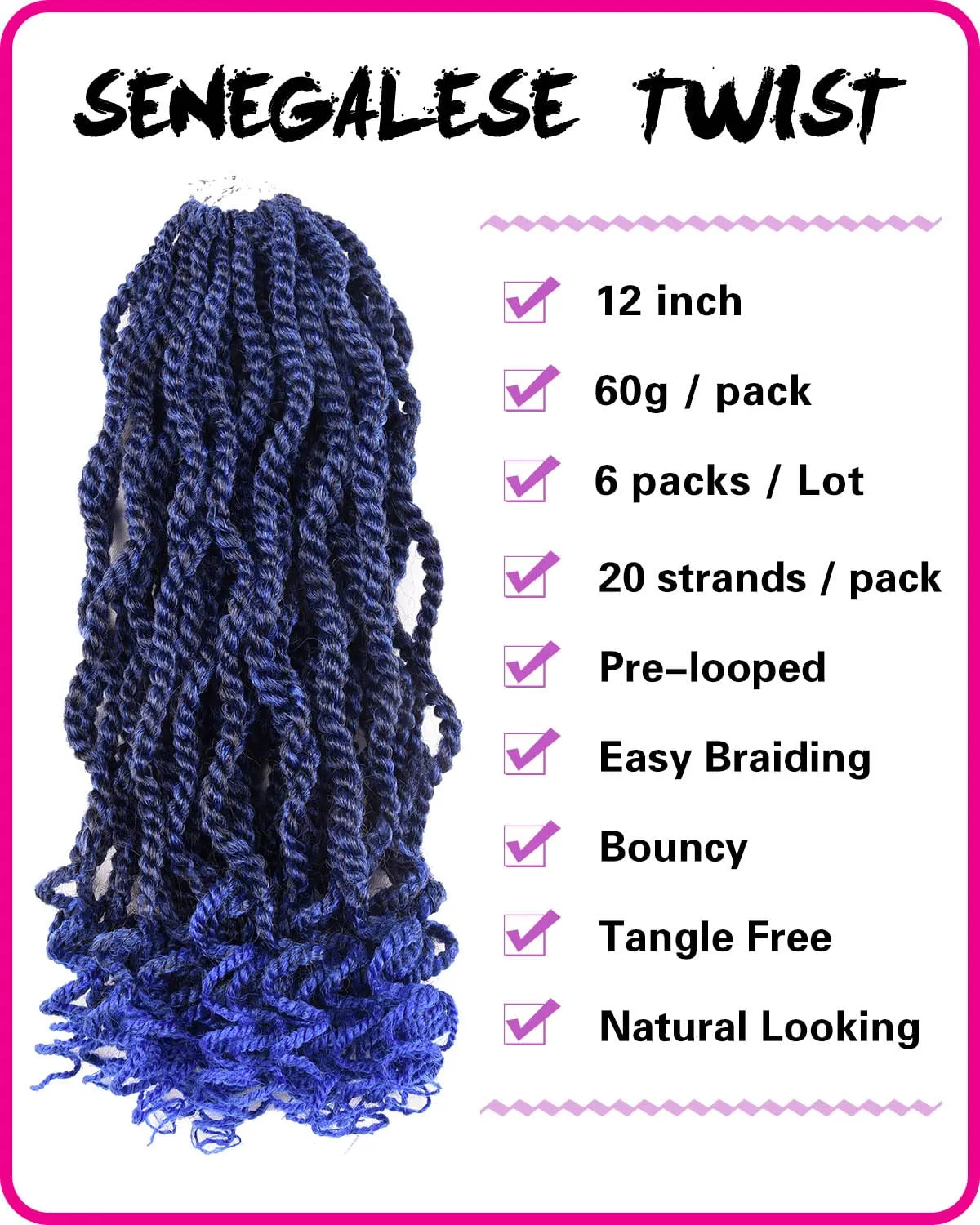 Senegalese Twist 12 Inch 6 Packs Ombre Braids Pre-twisted Kids Crochet Hair Pre-Lopped Small Crochet Hair for Black Women Halloween Day(1B/Blue#, 12 Inch）
