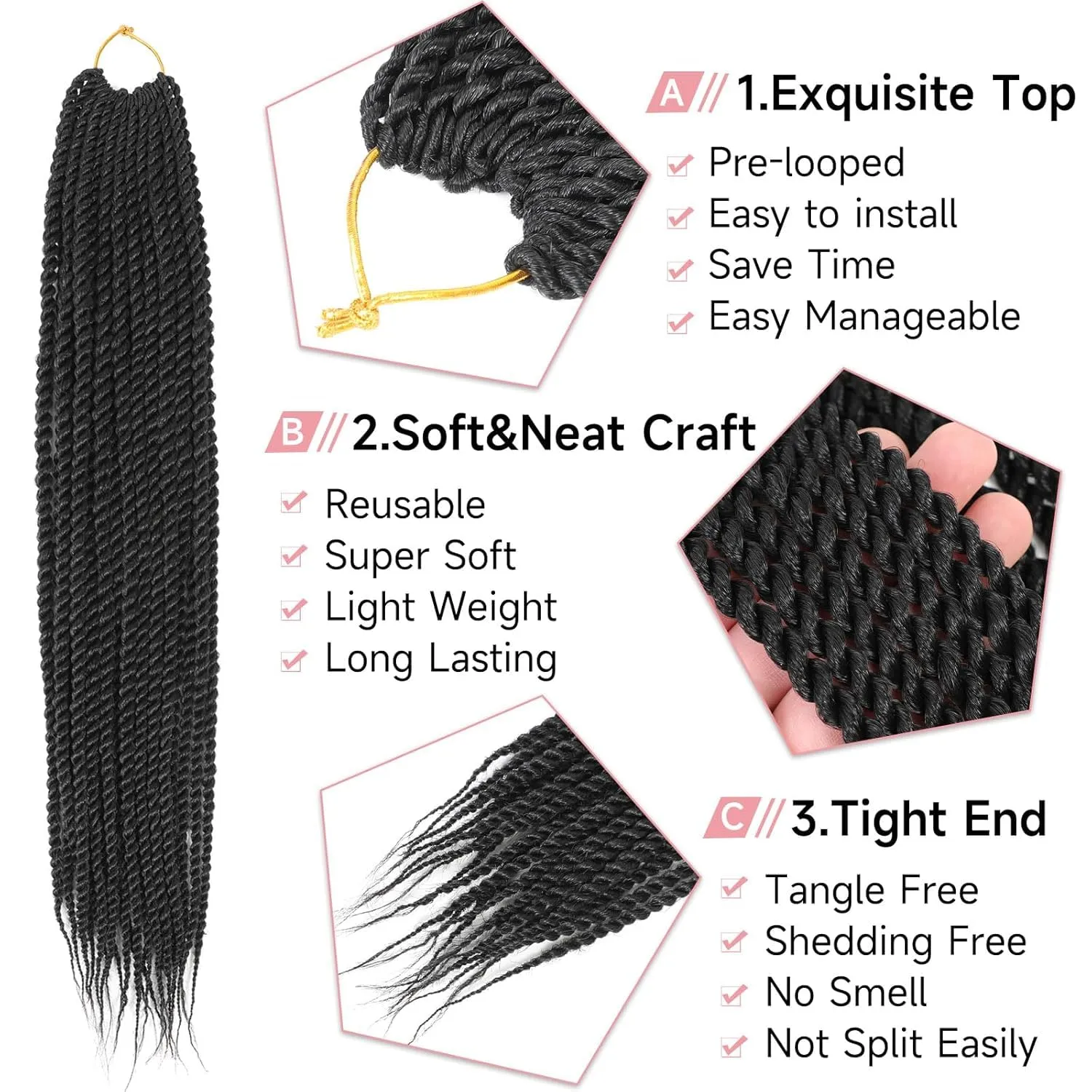 Senegalese Twist Crochet Hair-8 Packs 14 Inch Black Crochet Hair For Black Women, Pre Looped Pretwisted Crochet Braids Synthetic Twist Crochet Hair (14in,1B#)
