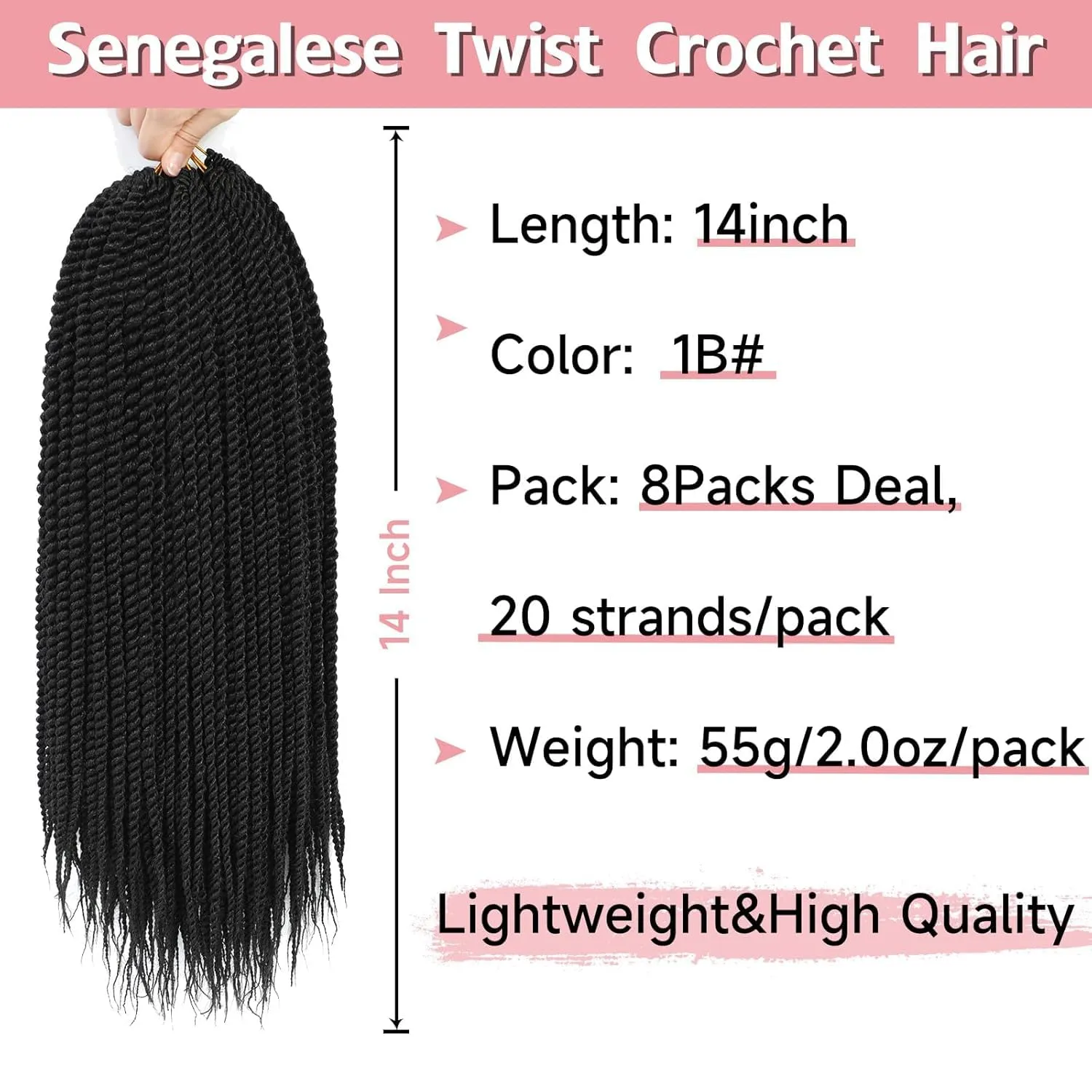 Senegalese Twist Crochet Hair-8 Packs 14 Inch Black Crochet Hair For Black Women, Pre Looped Pretwisted Crochet Braids Synthetic Twist Crochet Hair (14in,1B#)