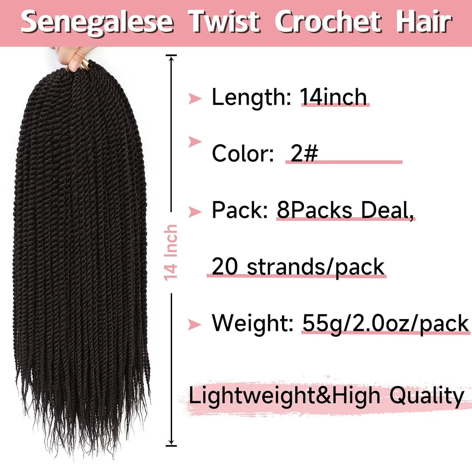 Senegalese Twist Crochet Hair-8 Packs 14 Inch Senegalese Twist Crochet Braids For Women Human Hair, Black Pre Looped Crochet Braids, Synthetic Twist Crochet Hair (14in,2#)