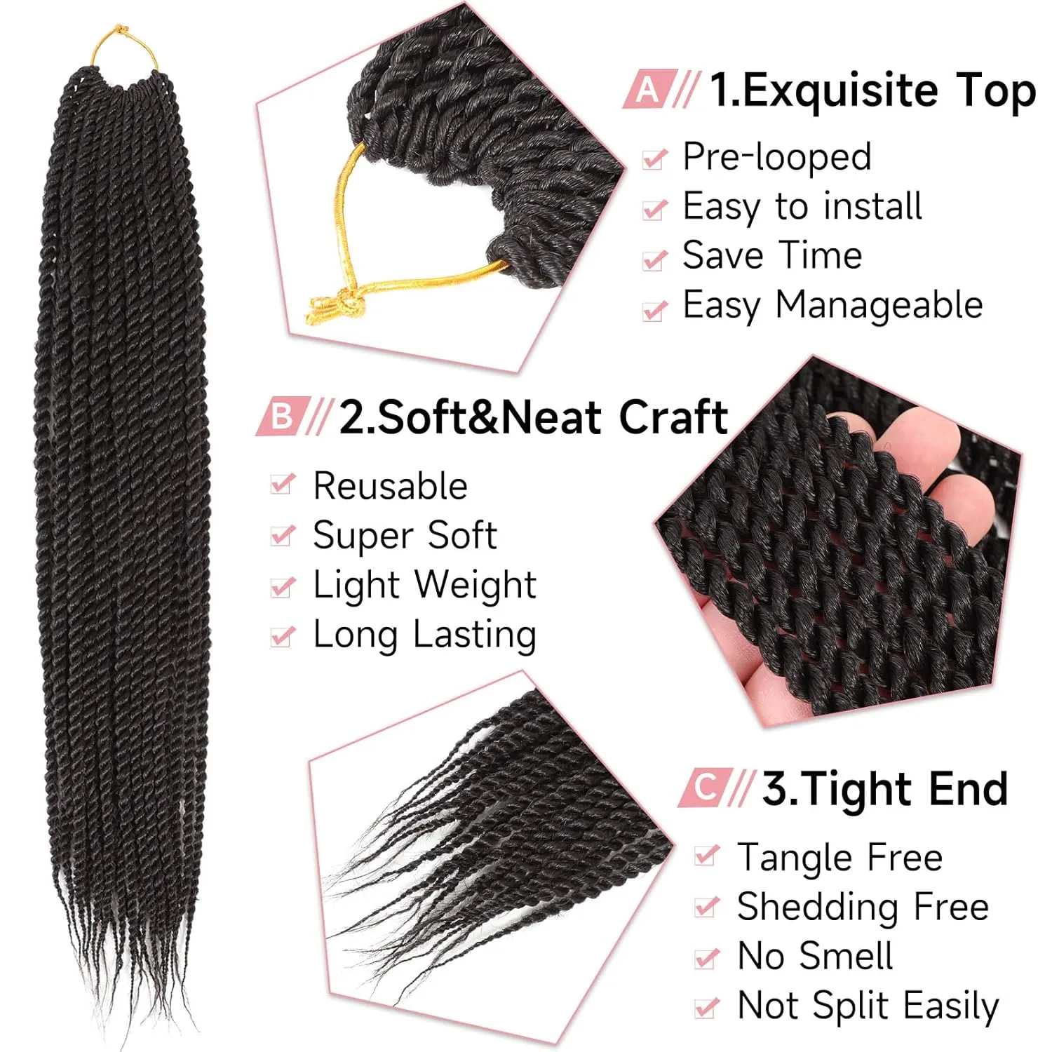 Senegalese Twist Crochet Hair-8 Packs 14 Inch Senegalese Twist Crochet Braids For Women Human Hair, Black Pre Looped Crochet Braids, Synthetic Twist Crochet Hair (14in,2#)