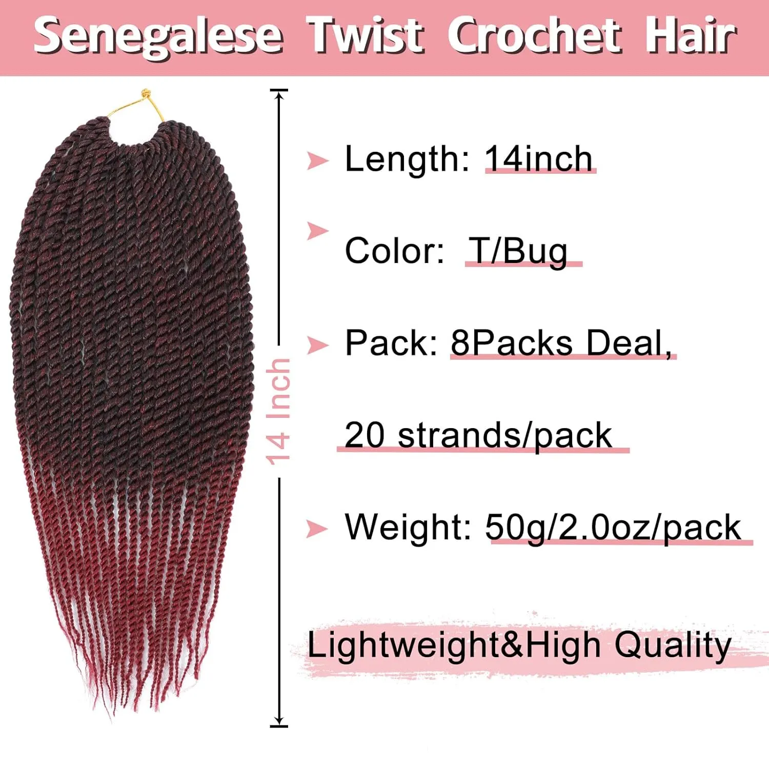 Senegalese Twist Crochet Hair-8 Packs 14 Inch Two Tone Senegalese Twist Crochet Braids For Women Human Hair,Black/Burgundy Pre Looped Crochet Braids, Synthetic Twist Crochet Hair (14in,TBug#)