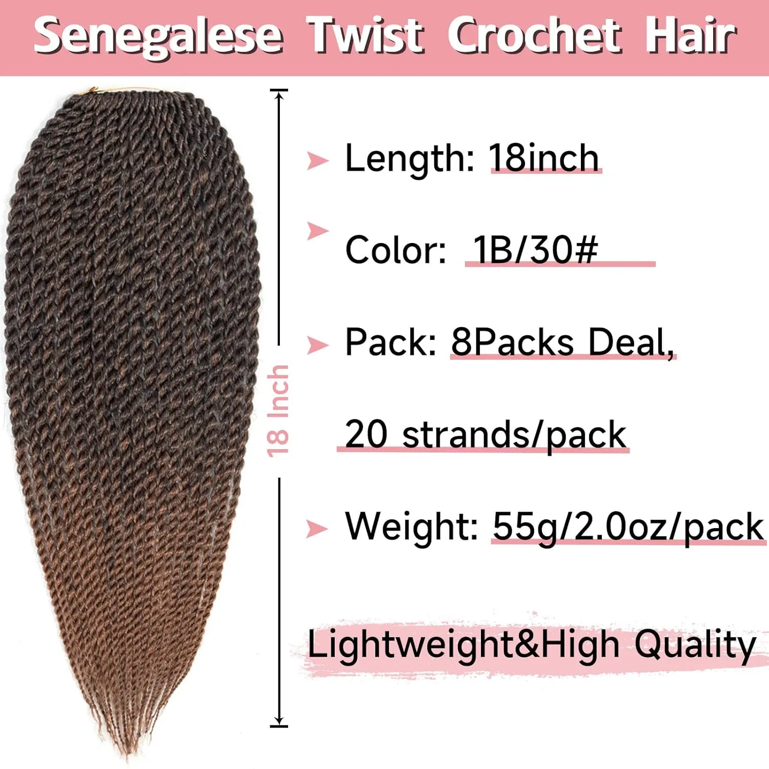 Senegalese Twist Crochet Hair-8 Packs 18 Inch Two Tone Senegalese Twist Crochet Braids For Women Human Hair,Black/Brown Pre Looped Crochet Braids, Synthetic Twist Crochet Hair (18in,T1B/30#)