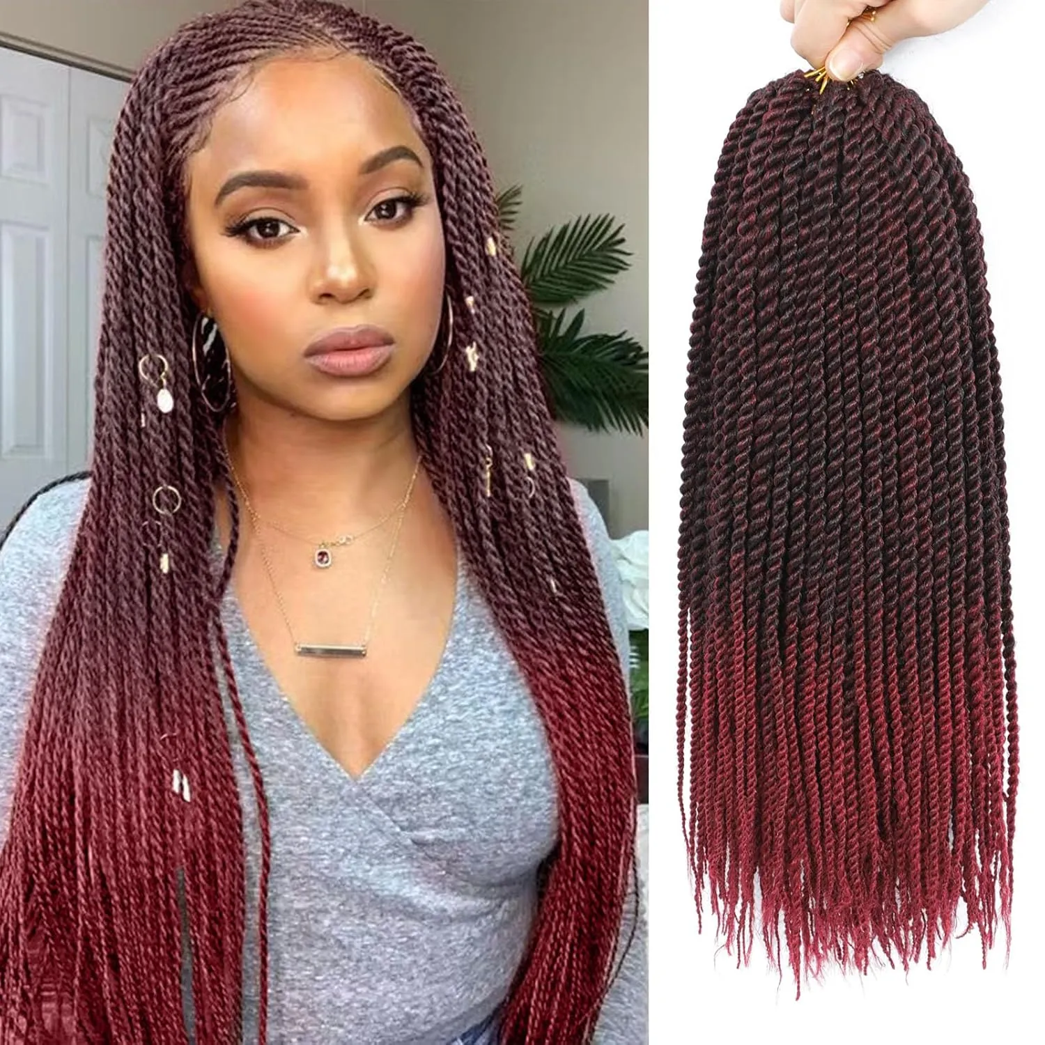 Senegalese Twist Crochet Hair-8 Packs 18 Inch Two Tone Senegalese Twist Crochet Braids For Women Human Hair,Black/Burgundy Pre Looped Crochet Braids, Synthetic Twist Crochet Hair (18in,TBug#)